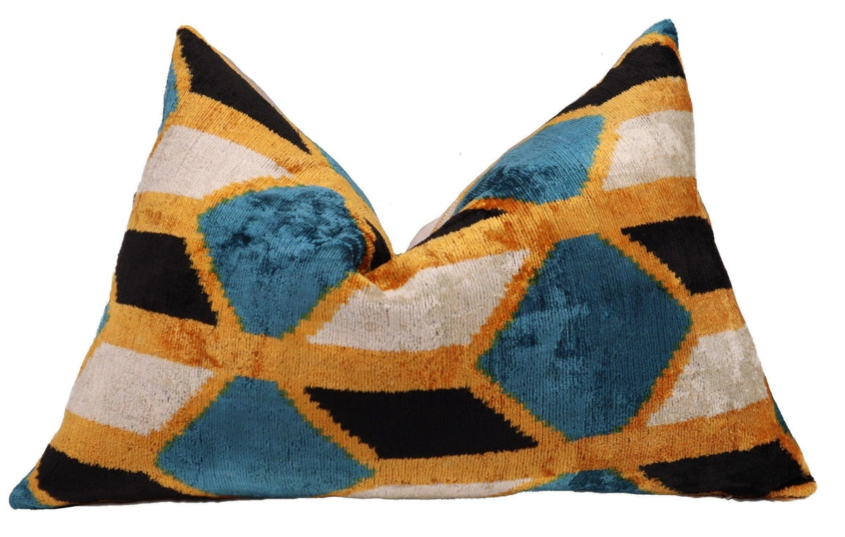 Canvello Soft Velvet Blue Gold Black Pillows For Sofa - 16X24 in - Canvello