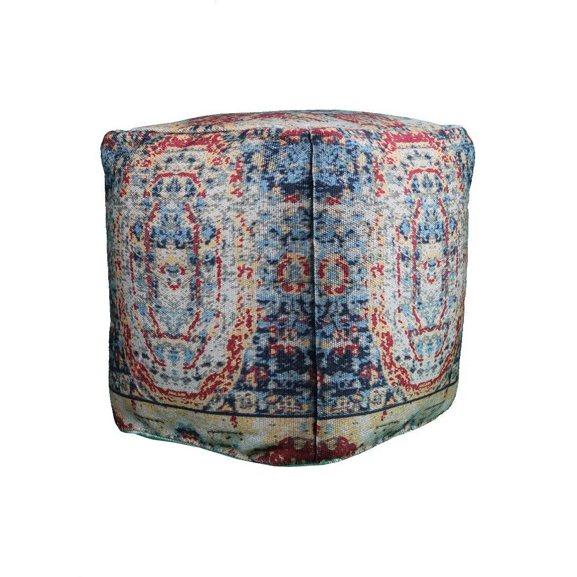 Square Stuffed Multi-Colored Cotton Pouf Handmade Fabric Ottoman