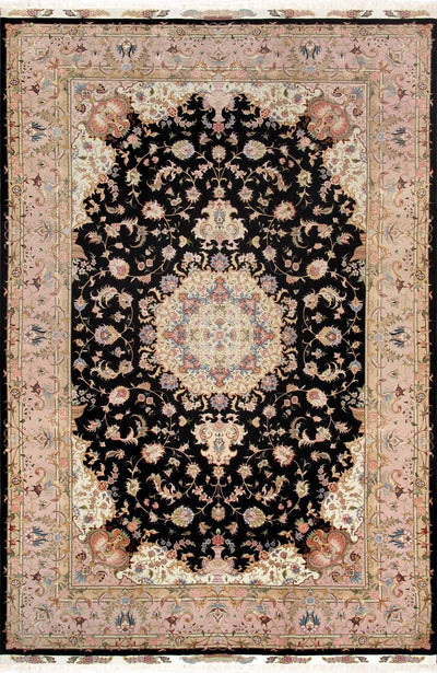 Canvello Tabriz Silk & Wool Area Large Black Rug - 6'6" X 9'9"