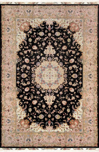 Canvello Tabriz Silk & Wool Area Large Black Rug - 6'6" X 9'9" - Canvello