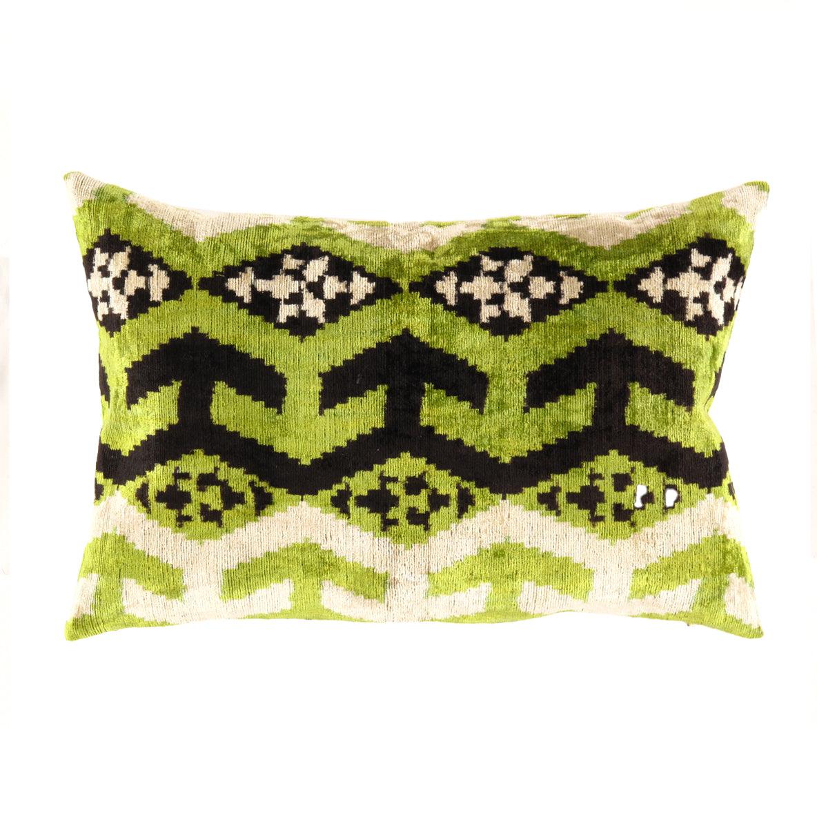 Canvello Turkish Green & black velvet Silk Ikat pillow - 16'' X 24'' - Canvello