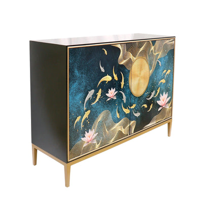 Canvello Twilight Black Cabinet, 2 Nature Print Doors with Bronze Metal Frame - Canvello