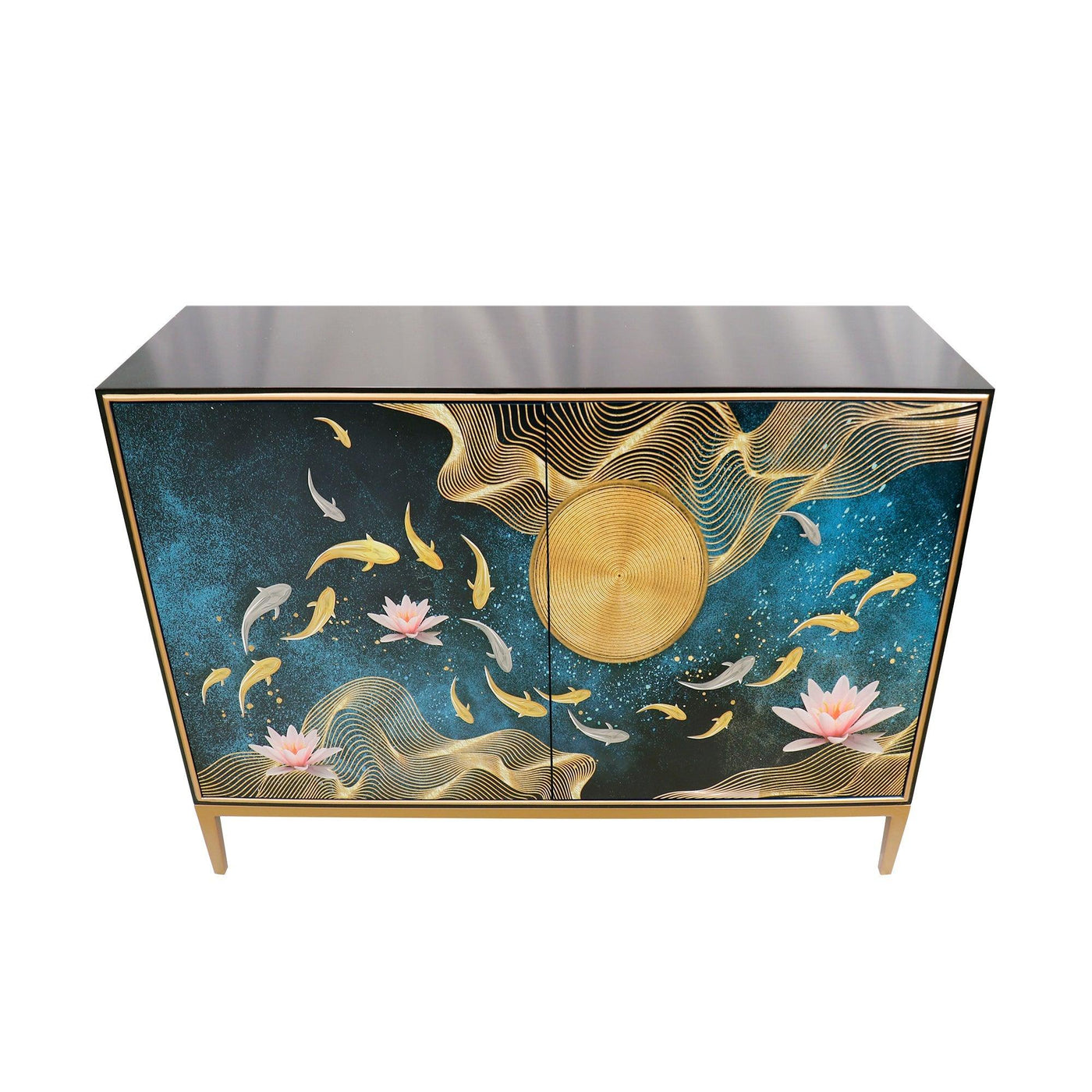 Canvello Twilight Black Cabinet, 2 Nature Print Doors with Bronze Metal Frame - Canvello