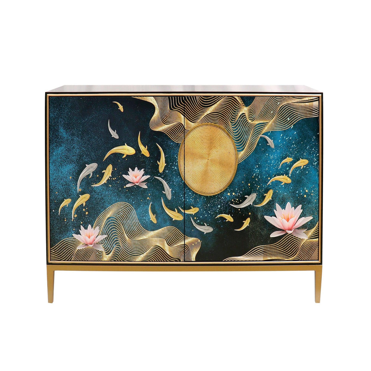 Canvello Twilight Black Cabinet, 2 Nature Print Doors with Bronze Metal Frame