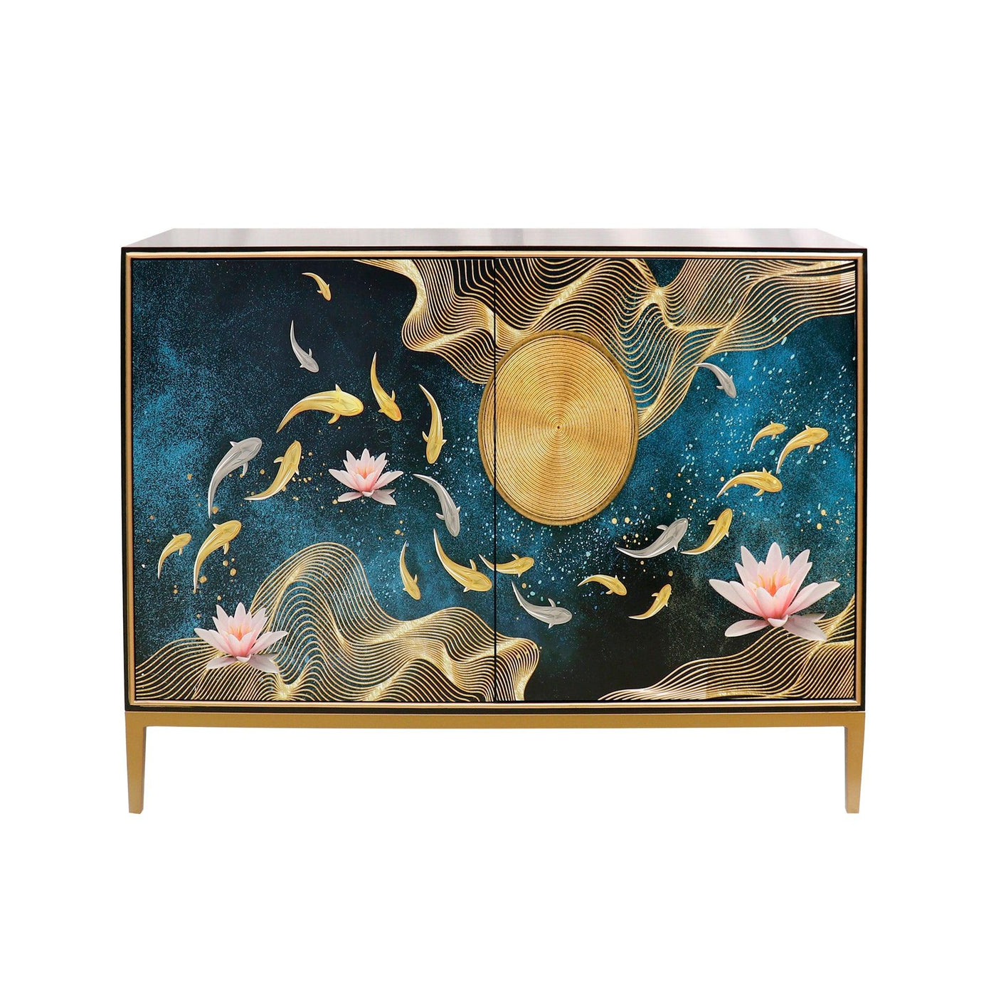 Canvello Twilight Black Cabinet, 2 Nature Print Doors with Bronze Metal Frame - Canvello