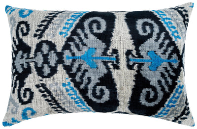 Canvello Unique THROW PILLOW, + Down Feather, Couch Cushion, Luxury Fabric, Decorative Black Blue Silk VELVET Ikat Lumbar Throw Pillow 16X24 - Canvello