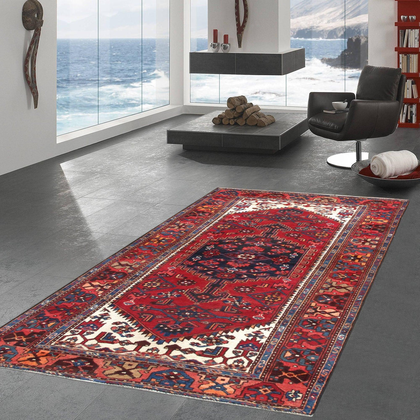 Canvello Vintage Hamadan Wool Navy Rust Rug - 4'4" X 7'10" - Canvello