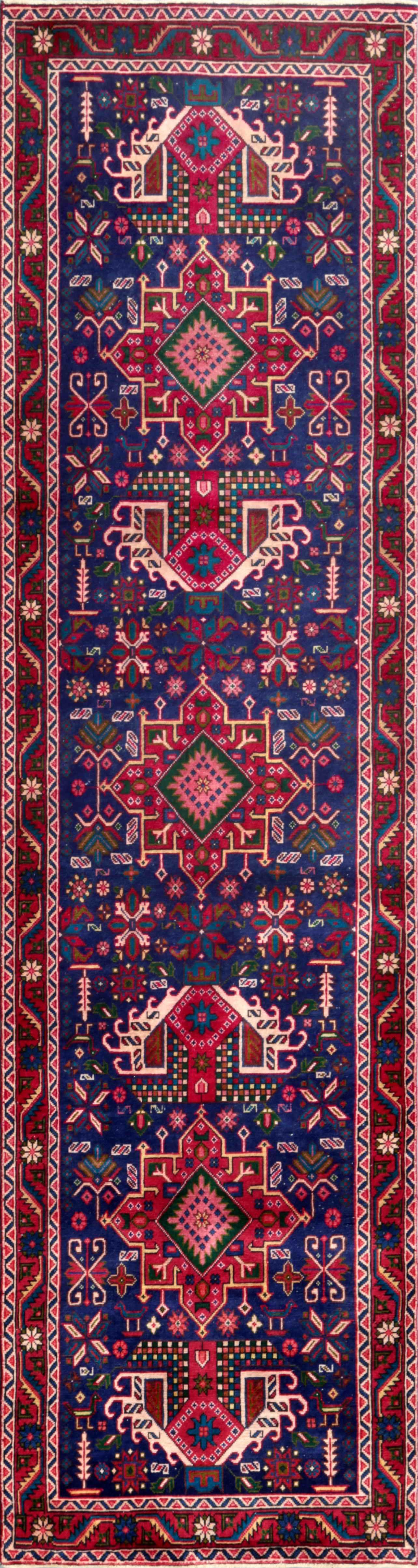 Canvello Vintage Karajeh Blue And Red Area Rug - 3'3" X 12'4"