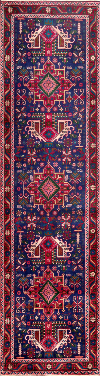 Canvello Vintage Karajeh Blue And Red Area Rug - 3'3" X 12'4"