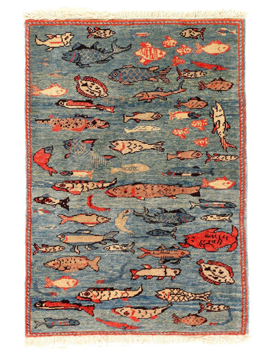 Vintage Light Blue Fine Hand Knotted Turkish Fun Modern Wool Pile Fish Design 1980s Rug for Living Room Aesthetic - 2' X 3'