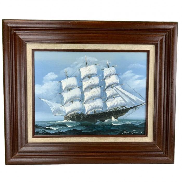 Canvello Vintage Oil Painting on Canvas Full Sail Open Ocean
