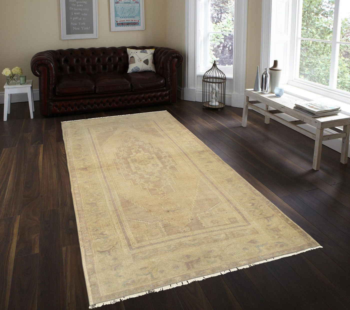 Canvello Vintage Oushak Beige Lamb's Wool Area Rug - 3'4" X 6'3" - Canvello