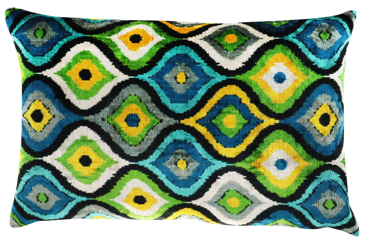 Canvello Yellow Blue Handmade 16x24 Silk Velvet Pillow, Organic Veg Dyed, Down Feather Filled