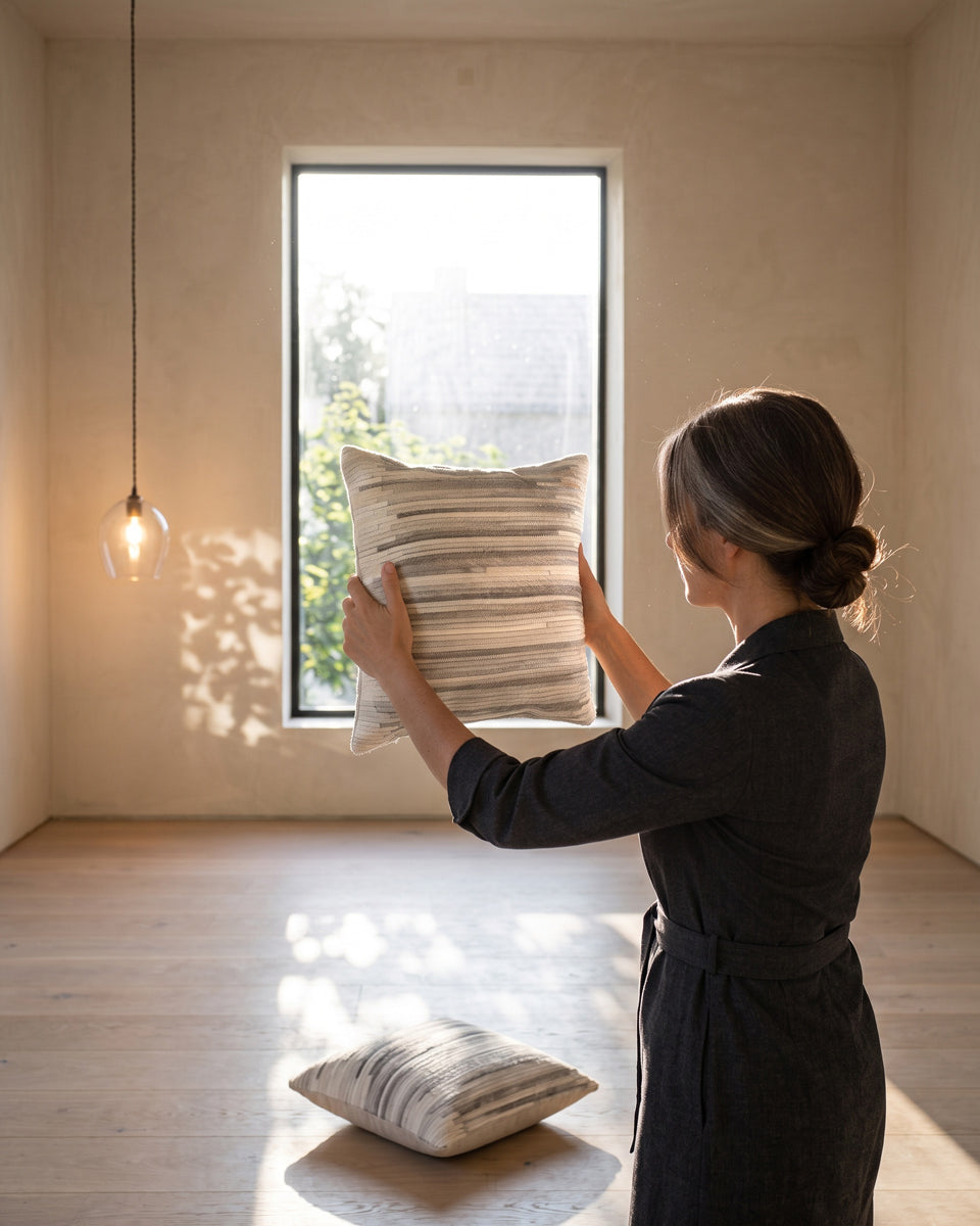 A woman holding up a striped hide pillow to the light in a pale, empty room