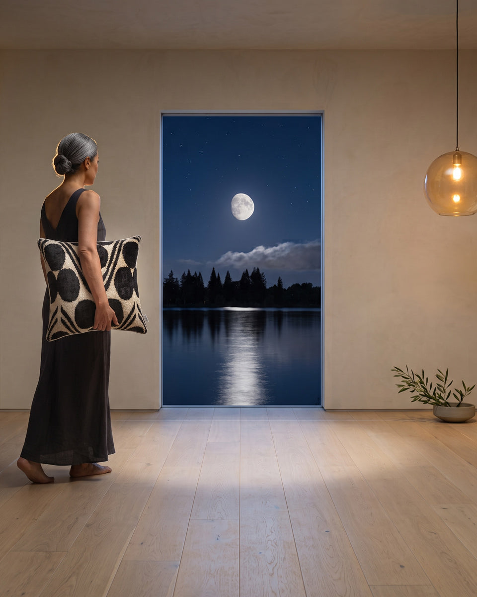A woman carrying a black and bone pillow toward a tall doorway onto a moonlit lake