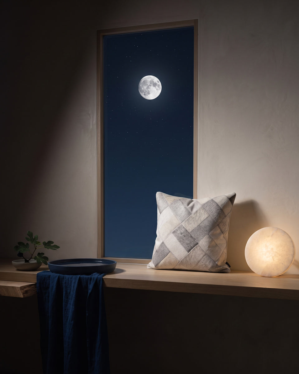 A patchwork hide pillow on an oak sill between a moonlit window and a glowing alabaster lamp