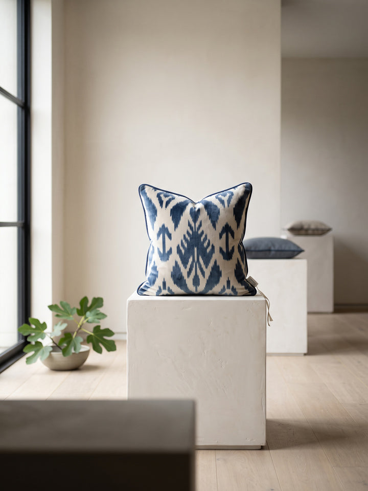 A blue and white ikat pillow standing on a plaster plinth