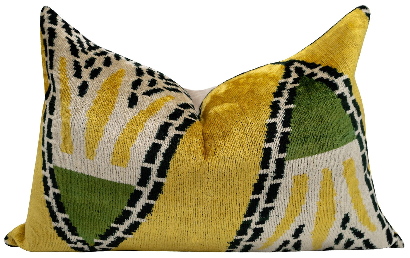 Handmade Gold Green Geometric Design Throw Pillow - 16x24 inch, Vegetable Dyed with Premium Down Feather Insert - Canvello