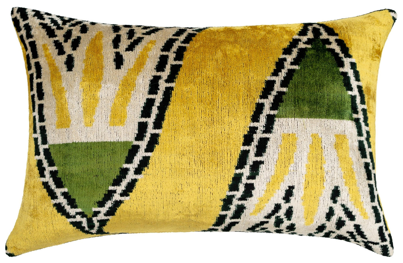 Handmade Gold Green Geometric Design Throw Pillow - 16x24 inch, Vegetable Dyed with Premium Down Feather Insert - Canvello