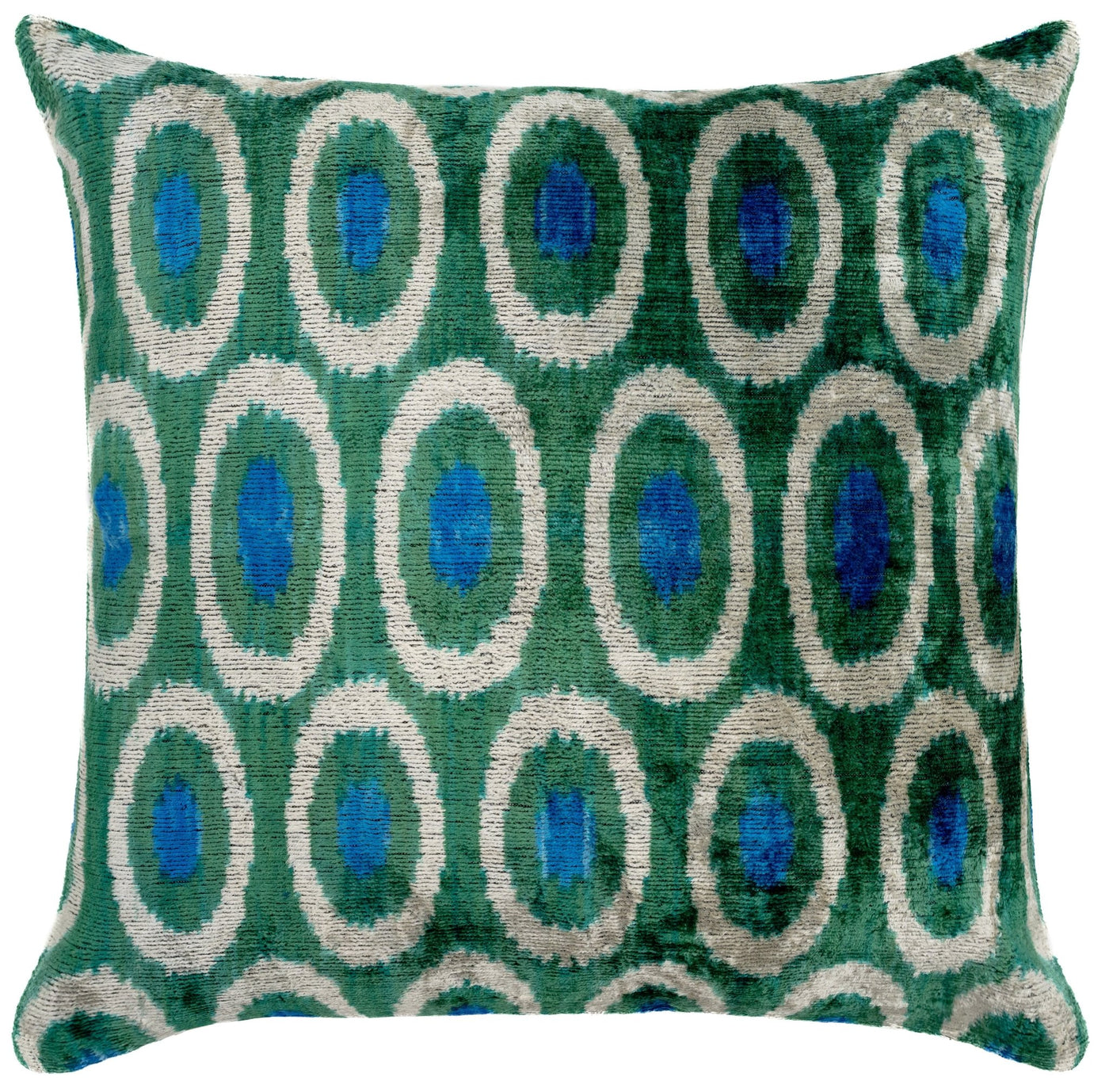 Handmade Green and Blue Circle Design Throw Pillow - 16x16 inch, Silk Velvet, Vegetable Dyed with Premium Down Feather Insert - Canvello