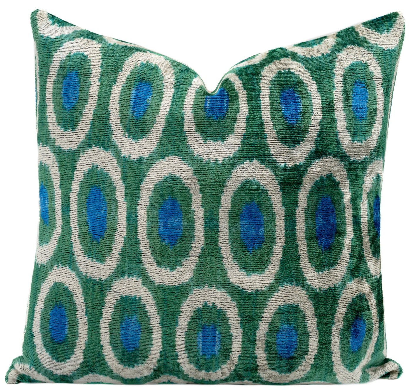 Handmade Green and Blue Circle Design Throw Pillow - 16x16 inch, Silk Velvet, Vegetable Dyed with Premium Down Feather Insert - Canvello