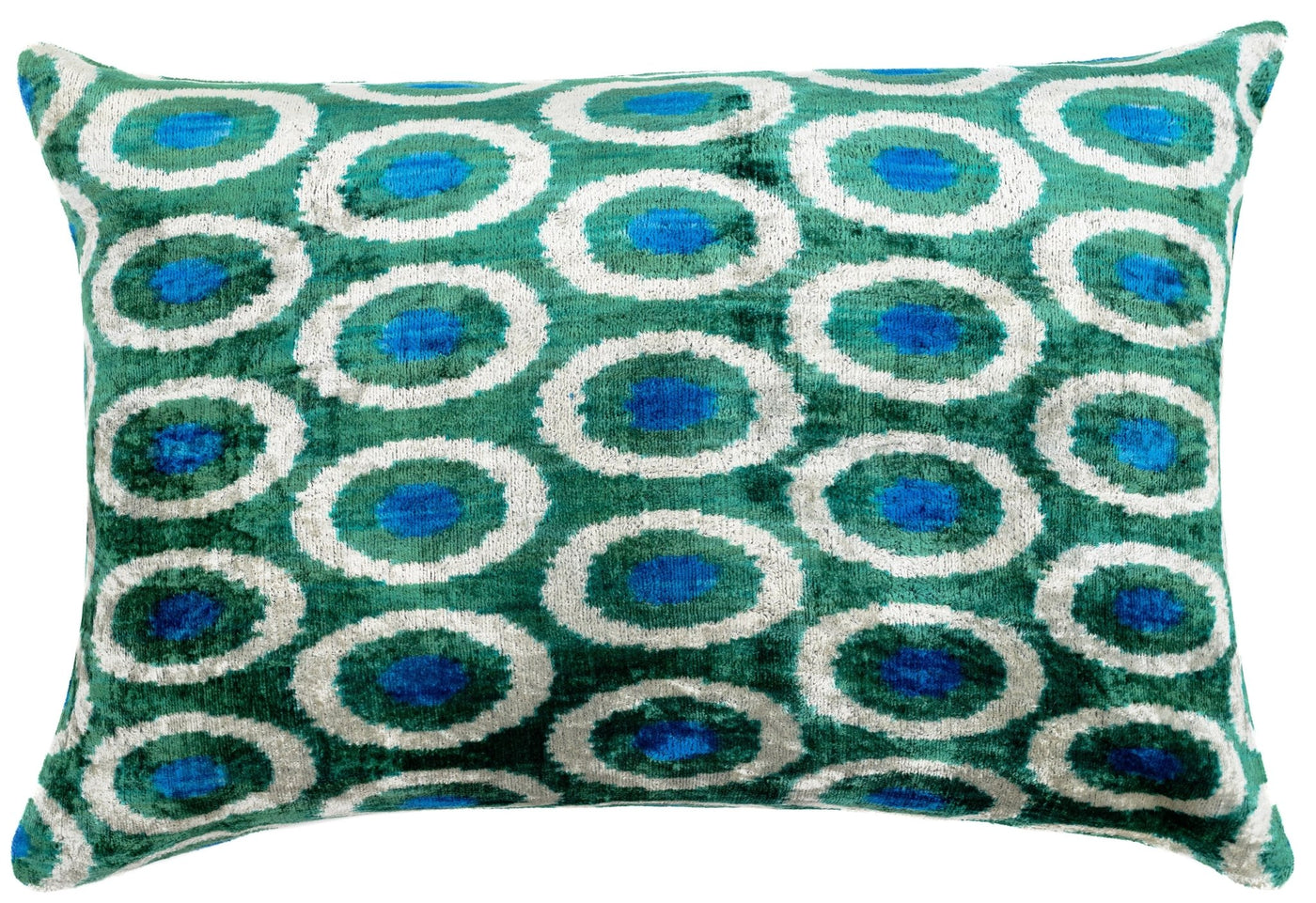 Handmade Green and Blue Circle Design Throw Pillow - 16x24 inch, Silk Velvet, Vegetable Dyed with Premium Down Feather Insert - Canvello