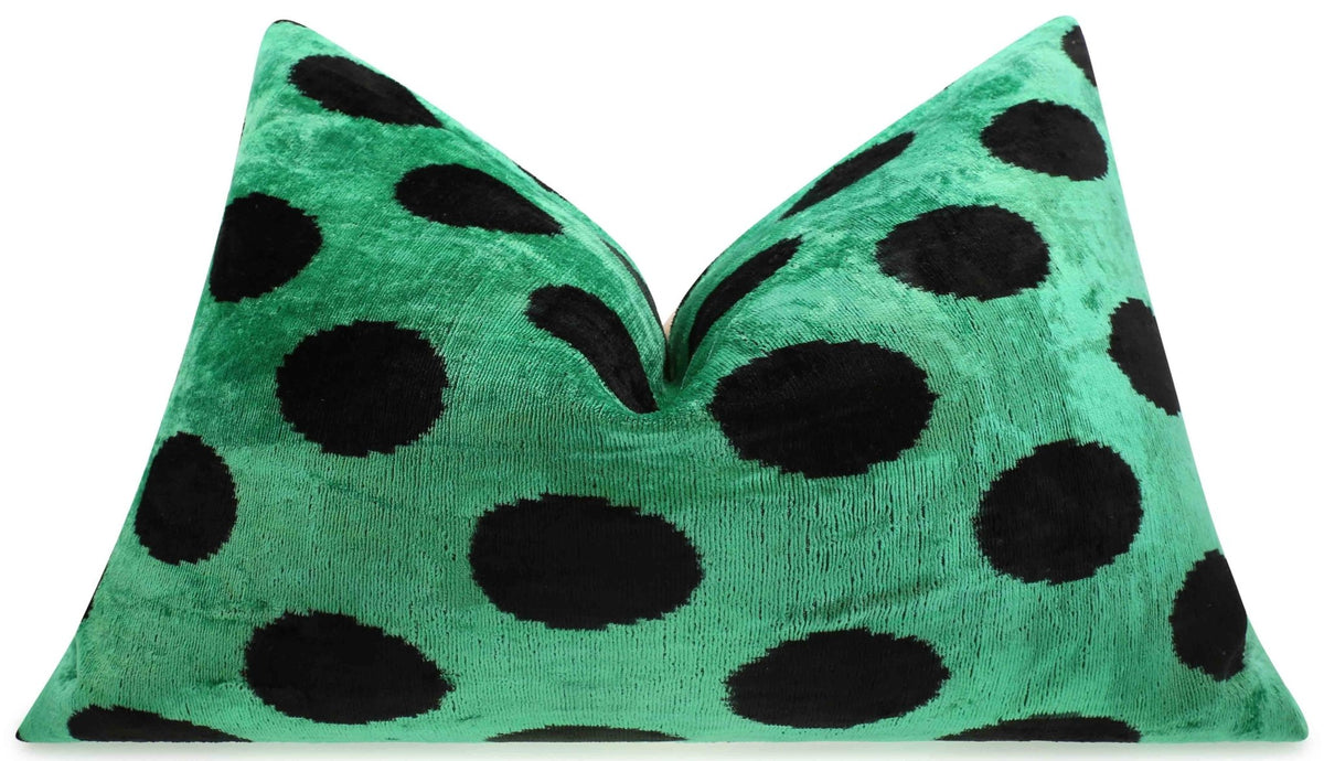 Handmade Velvet Lumbar Pillow in Green and Black Polka Dot Design - High-Quality 16x24 Inch Decorative Accent with Premium Down Feather Insert
