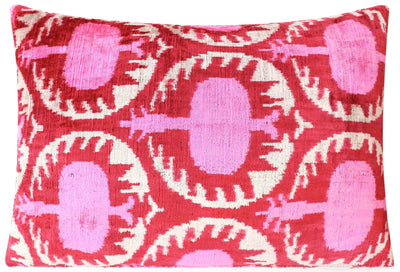 Handmade Velvet Lumbar Pillow in Red and Pink Ikat Floral Design - High - Quality 16x24 Inch Decorative Accent with Premium Down Feather Insert - Canvello