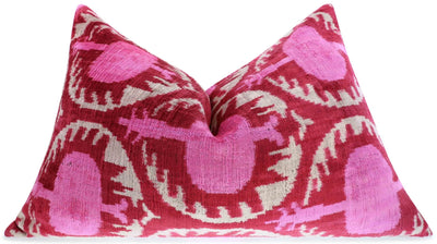 Handmade Velvet Lumbar Pillow in Red and Pink Ikat Floral Design - High - Quality 16x24 Inch Decorative Accent with Premium Down Feather Insert - Canvello