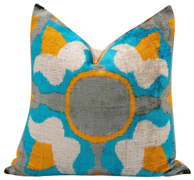 Handmade Velvet Throw Pillow with Blue, Yellow, and Gray Geometric Design - High - Quality 20x20 Inch Decorative Accent with Premium Down Feather Insert for Sofas, Couches, and Interior Design" - Canvello