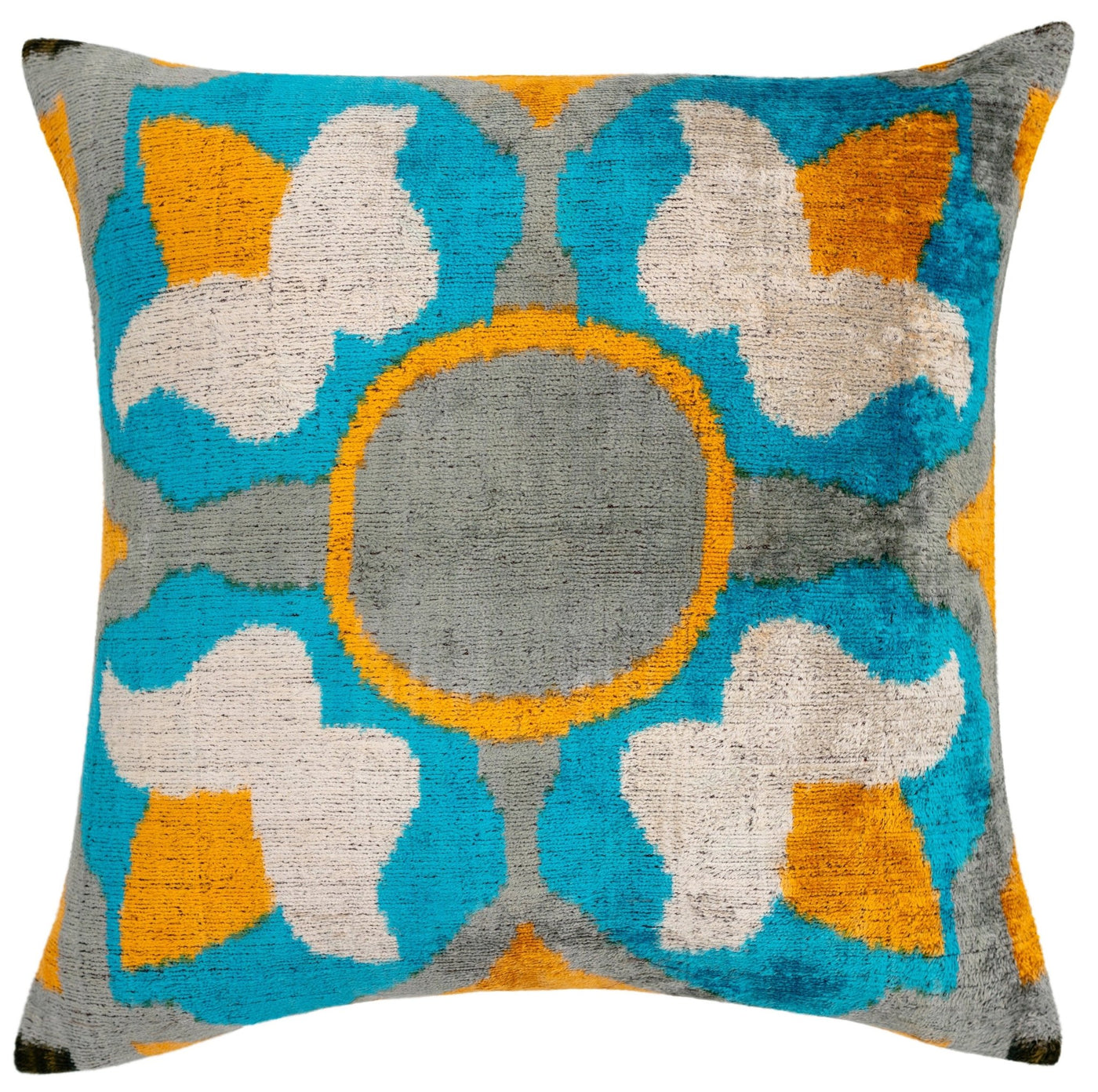 Handmade Velvet Throw Pillow with Blue, Yellow, and Gray Geometric Design - High - Quality 20x20 Inch Decorative Accent with Premium Down Feather Insert for Sofas, Couches, and Interior Design" - Canvello