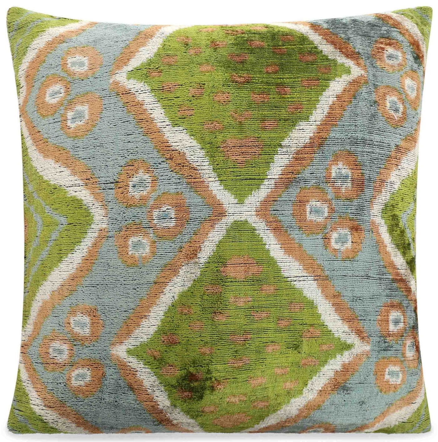 Handmade Velvet Throw Pillow with Green and Blue Geometric Ikat Design - High - Quality 20x20 Inch Decorative Accent with Premium Down Feather Insert - Canvello