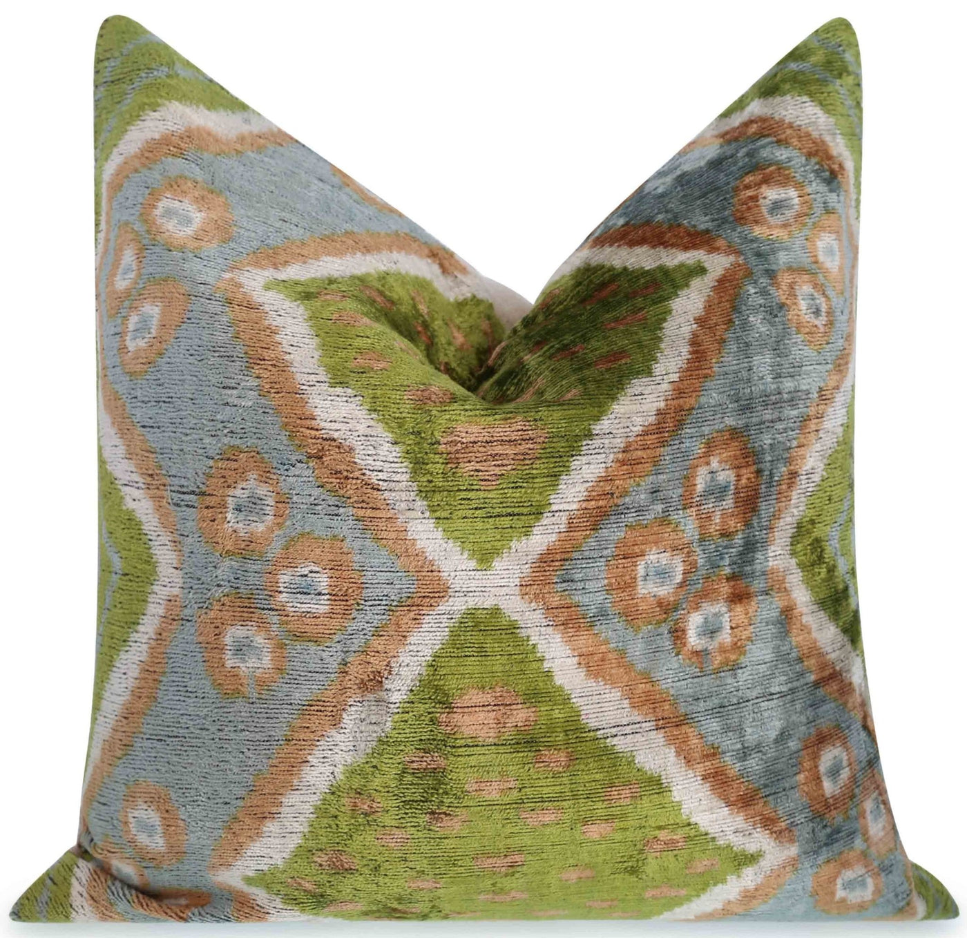 Handmade Velvet Throw Pillow with Green and Blue Geometric Ikat Design - High - Quality 20x20 Inch Decorative Accent with Premium Down Feather Insert - Canvello