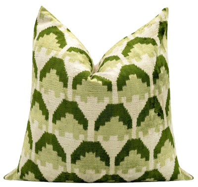 Handmade Velvet Throw Pillow with Green and Cream Geometric Design - High - Quality 20x20 Inch Decorative Accent with Premium Down Feather Insert - Canvello