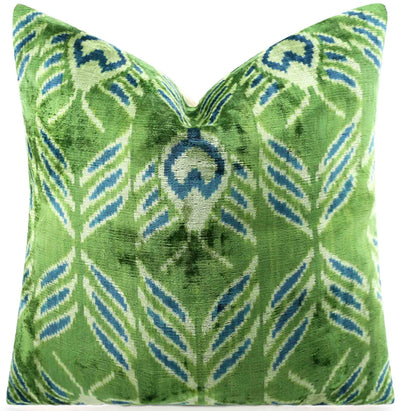 Handmade Velvet Throw Pillow with Green and Teal Ikat Design - High - Quality 20x20 Inch Decorative Accent with Premium Down Feather Insert - Canvello