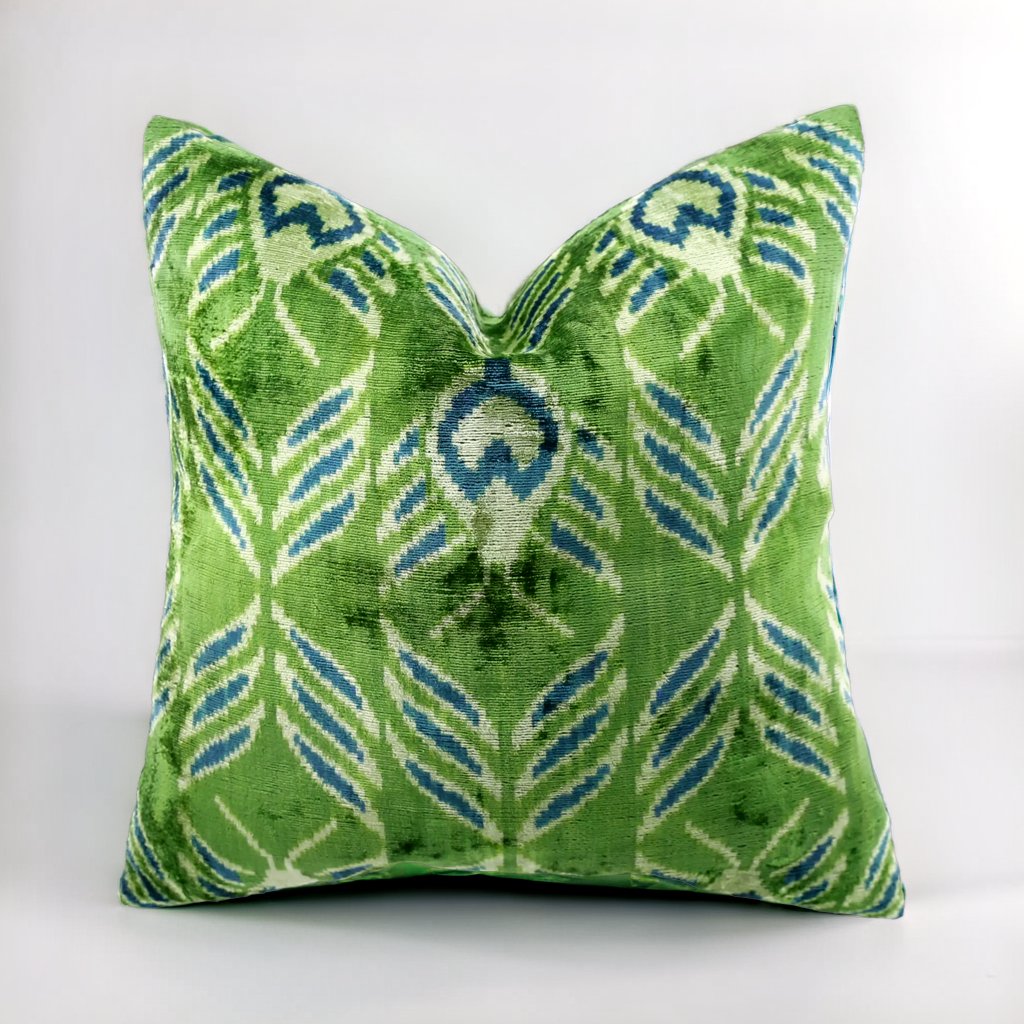 Handmade Velvet Throw Pillow with Green and Teal Ikat Design - High - Quality 20x20 Inch Decorative Accent with Premium Down Feather Insert - Canvello