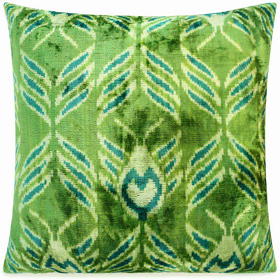 Handmade Velvet Throw Pillow with Green and Teal Ikat Design - High - Quality 20x20 Inch Decorative Accent with Premium Down Feather Insert - Canvello