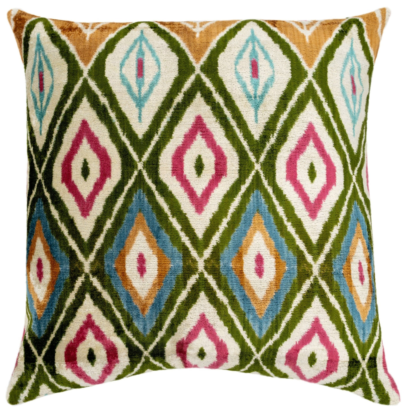 Handmade Velvet Throw Pillow with Multicolor Diamond Ikat Design - High - Quality 20x20 Inch Decorative Accent with Premium Down Feather Insert - Canvello