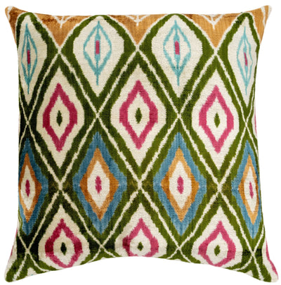 Handmade Velvet Throw Pillow with Multicolor Diamond Ikat Design - High - Quality 20x20 Inch Decorative Accent with Premium Down Feather Insert - Canvello