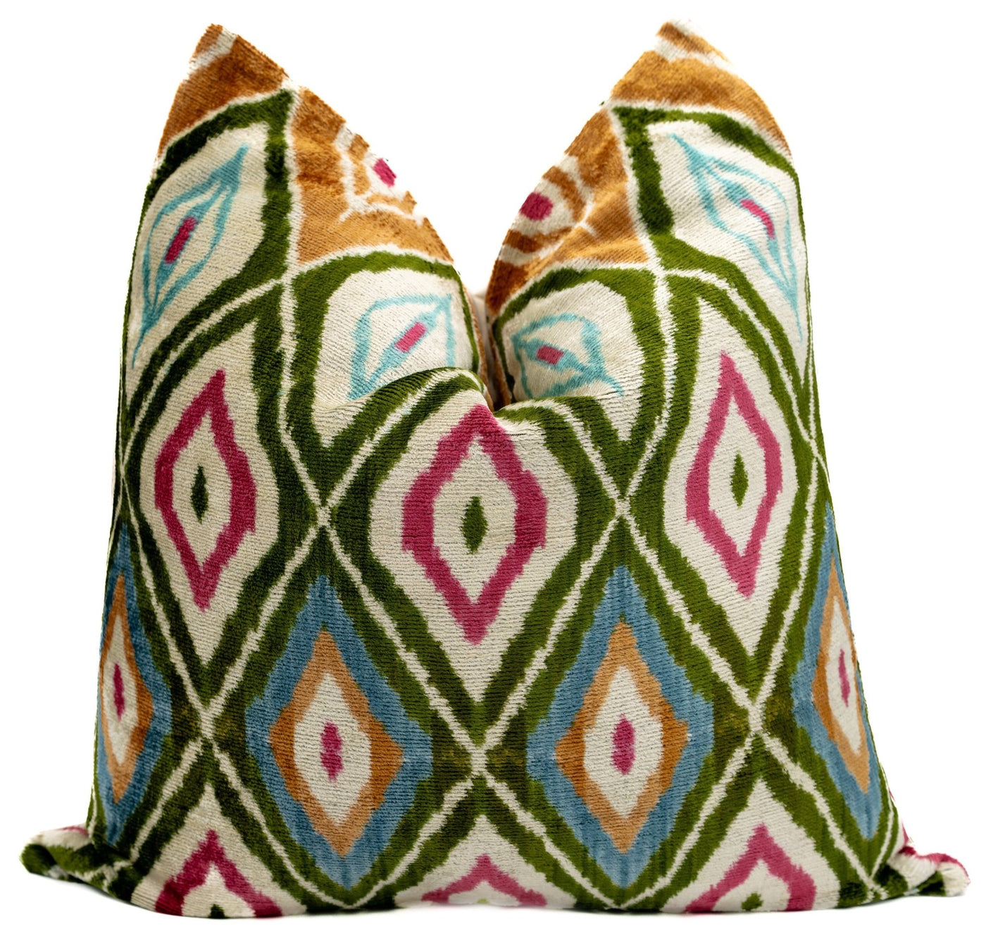 Handmade Velvet Throw Pillow with Multicolor Diamond Ikat Design - High - Quality 20x20 Inch Decorative Accent with Premium Down Feather Insert - Canvello