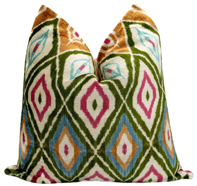 Handmade Velvet Throw Pillow with Multicolor Diamond Ikat Design - High - Quality 20x20 Inch Decorative Accent with Premium Down Feather Insert - Canvello