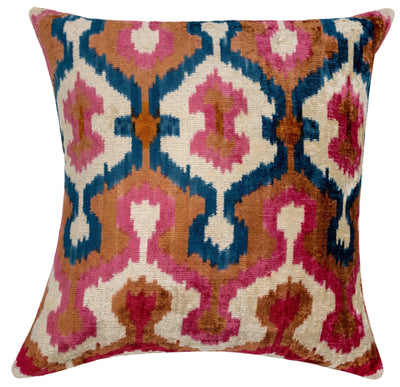 Handmade Velvet Throw Pillow with Pink, Blue, and Tan Ikat Design - High - Quality 20x20 Inch Decorative Accent with Premium Down Feather Insert - Canvello