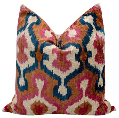 Handmade Velvet Throw Pillow with Pink, Blue, and Tan Ikat Design - High - Quality 20x20 Inch Decorative Accent with Premium Down Feather Insert - Canvello