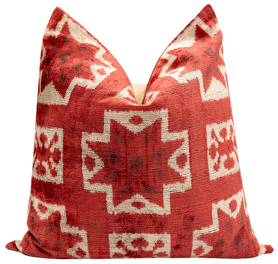 Handmade Velvet Throw Pillow with Red and Cream Geometric Star Design - High - Quality 20x20 Inch Decorative Accent with Premium Down Feather Insert - Canvello