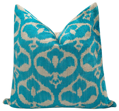 Handmade Velvet Throw Pillow with Turquoise and Beige Ikat Design - High - Quality 20x20 Inch Decorative Accent with Premium Down Feather Insert for Sofas, Couches, and Interior Design - Canvello