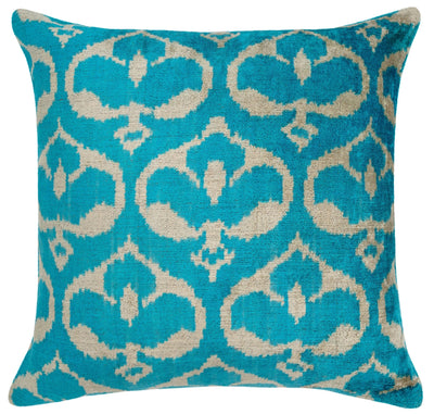 Handmade Velvet Throw Pillow with Turquoise and Beige Ikat Design - High - Quality 20x20 Inch Decorative Accent with Premium Down Feather Insert for Sofas, Couches, and Interior Design - Canvello