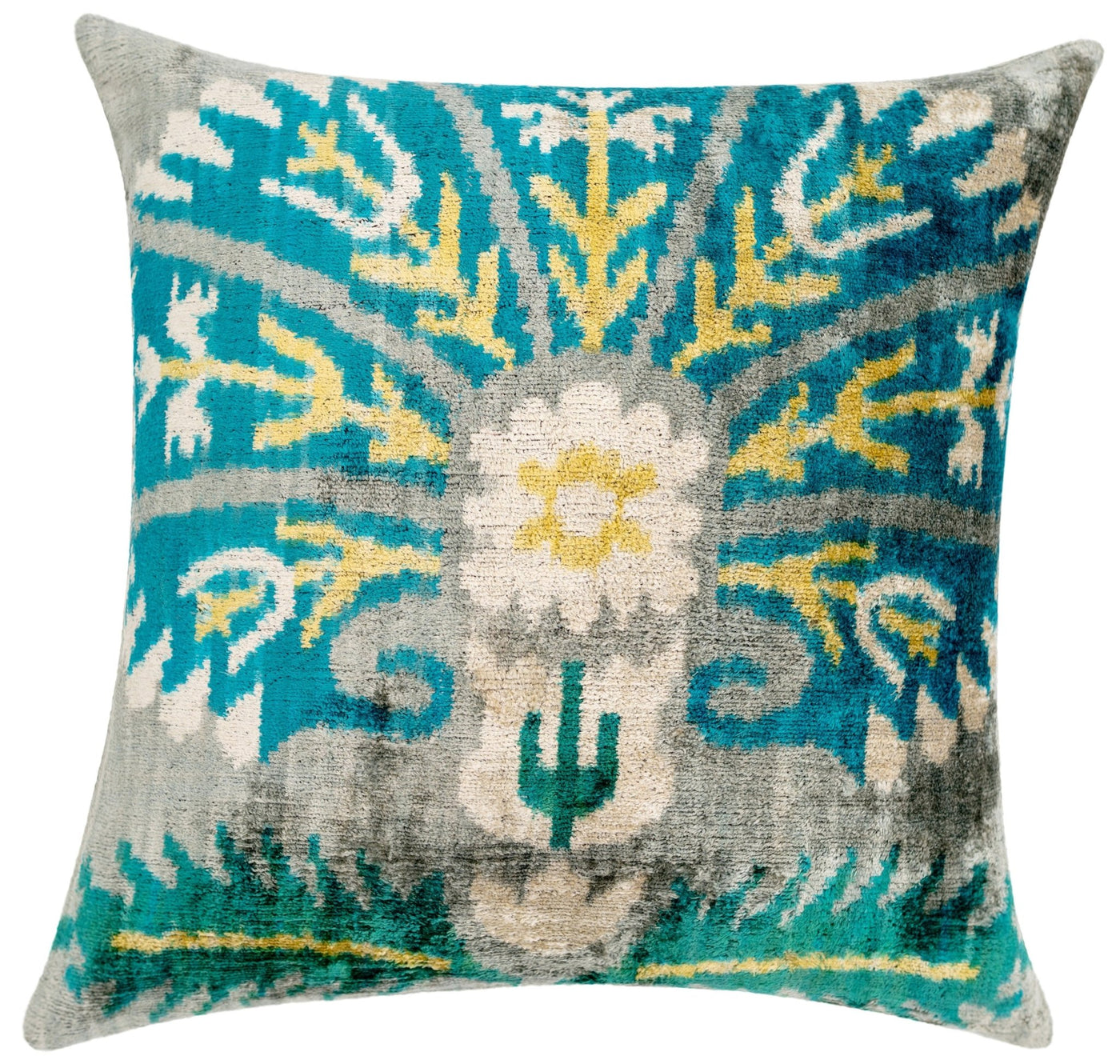 Handmade Velvet Throw Pillow with Turquoise and Yellow Ikat Design - High - Quality 20x20 Inch Decorative Accent with Premium Down Feather Insert - Canvello