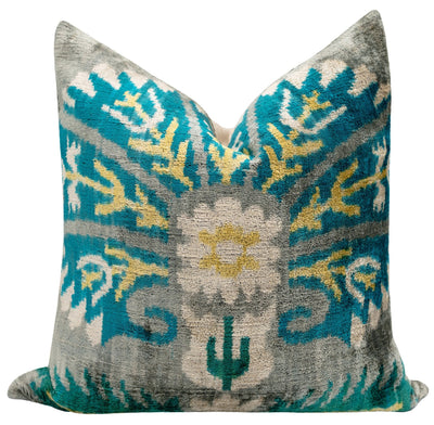 Handmade Velvet Throw Pillow with Turquoise and Yellow Ikat Design - High - Quality 20x20 Inch Decorative Accent with Premium Down Feather Insert - Canvello