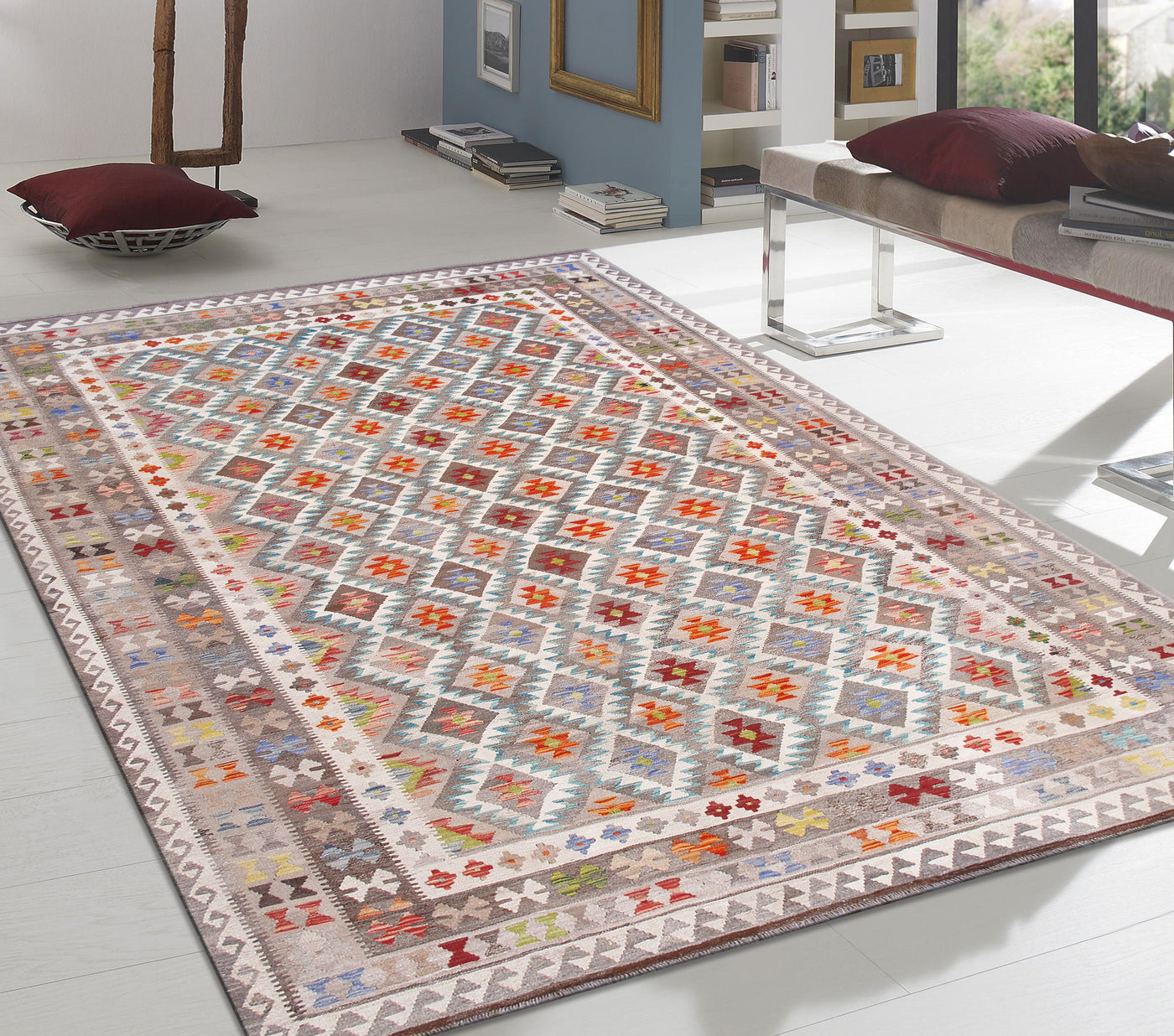 Canvello Kilim Collection Reversible Wool Multicolor Area Rug- 8'4'' X 11'4''
