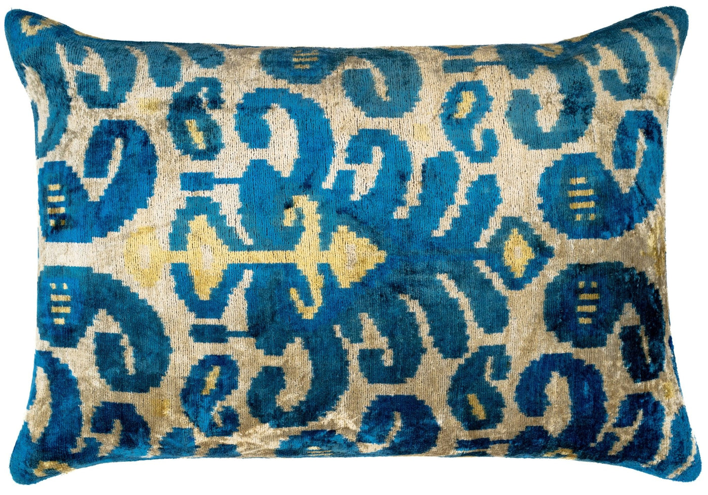 Luxurious 16x24 Handmade Ikat Silk Velvet Pillow with Premium Down Feather Insert by Canvello – Rich Blue and Gold Motifs - Canvello